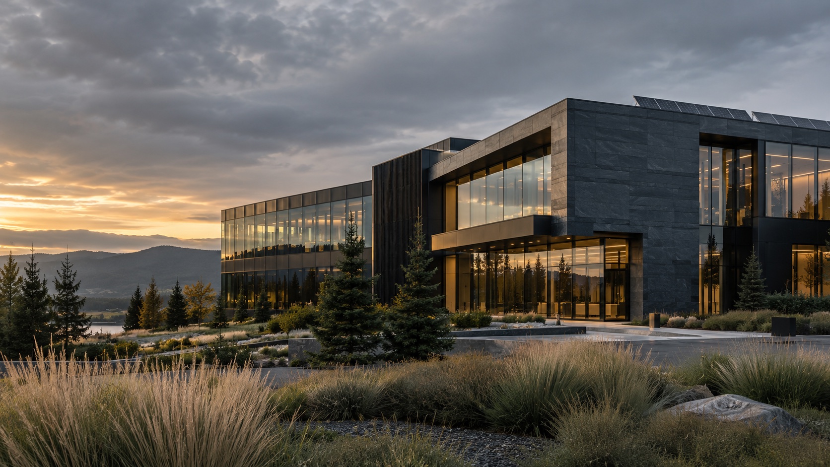 Architekturvision: modernes Gebäude mit Solardach in einer grünen Landschaft